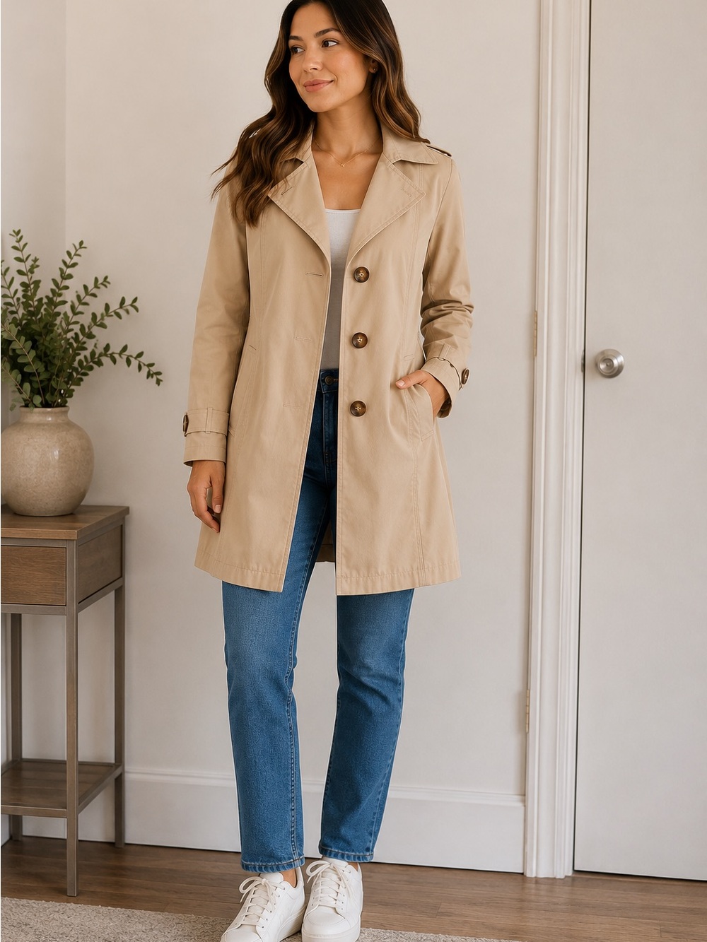 Michael Kors S/P Petite Beige Trench Coat | Classic Button Front